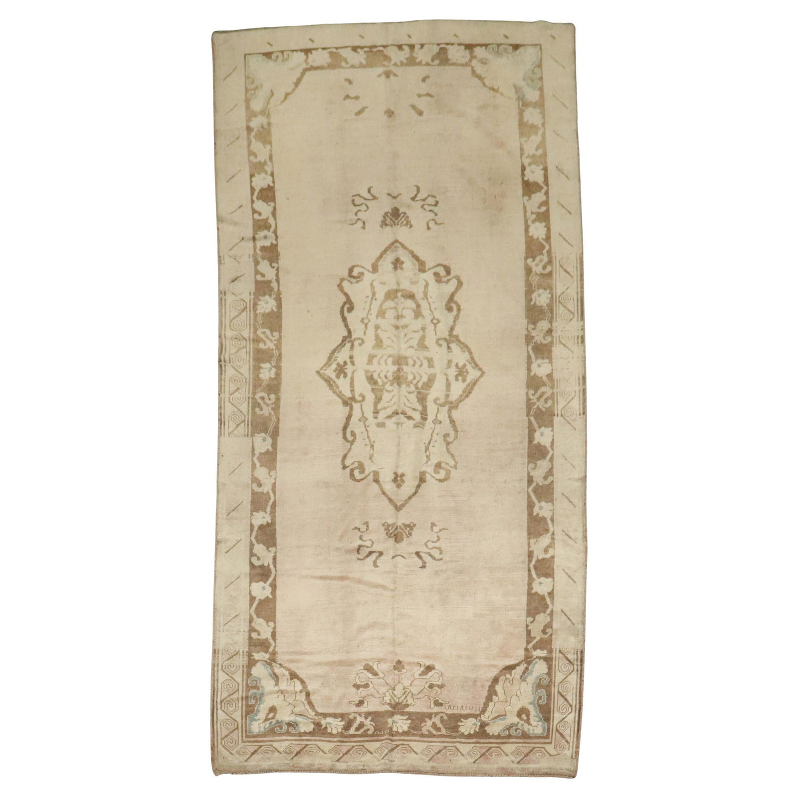 Zabihi Collection Vintage Turkish Rug 73x147 Hand-Knotted Wool Blush Pink: Zabihi Collection Vintage Turkish Rug 73x147 Hand-Knotted Wool Blush Pink Discover the elegance of this one-of-a-kind Zabihi Collection Vintage Turkish Gallery Size rug, featuring a beautiful blush pi