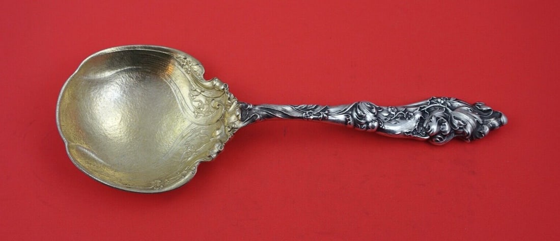Gorham H 158 Sterling Silver Gold Washed Art Nouveau Berry Spoon 10 1/8 Inch: Gorham H 158 Sterling Silver Gold Washed Art Nouveau Berry Spoon 10 1/8 Inch Sterling silver berry spoon by Gorham, pattern H 158, featuring a heavy cast Art Nouveau floral design. The spoon measures