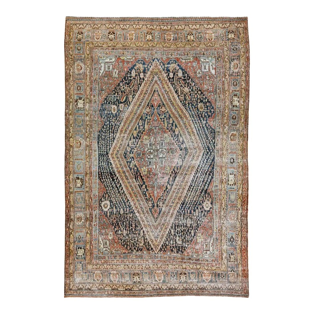 Vintage Heriz Serapi Hand-Knotted Wool Rug 7'4 x 11'2: Vintage Heriz Serapi Hand-Knotted Wool Rug 7'4 x 11'2 This stunning vintage Heriz Serapi rug showcases exquisite craftsmanship with its hand-knotted wool construction. Featuring a striking rust and bl