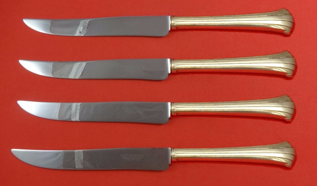Gorham Newport Scroll Sterling Silver Texas Sized Steak Knife Set 4 Pieces: Gorham Newport Scroll Sterling Silver Texas Sized Steak Knife Set 4 Pieces Elevate your dining experience with the Newport Scroll Steak Knife Set by Gorham. This impressive 4-piece set features hollow
