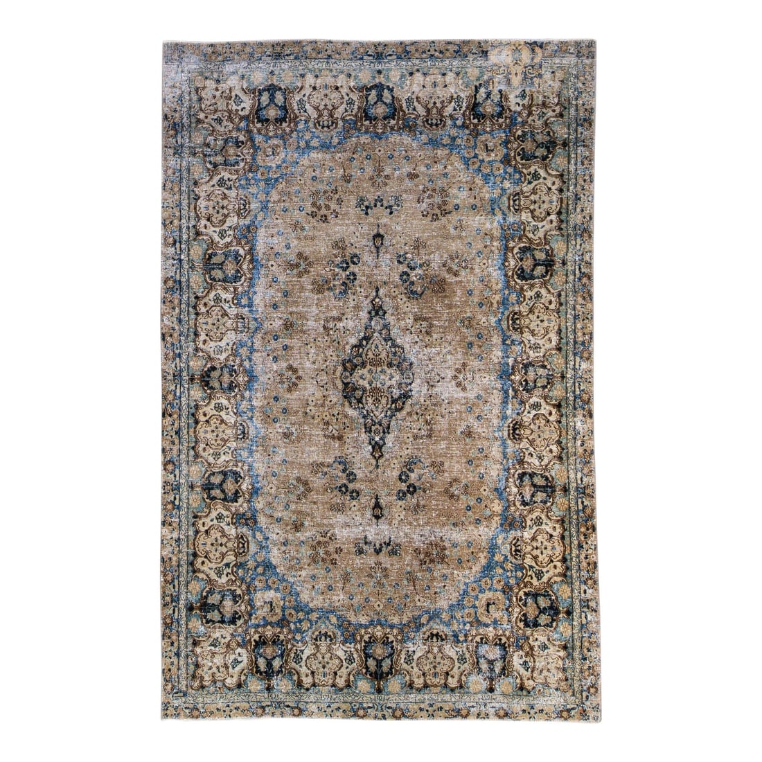 Vintage Hand-Knotted Distressed Medallion Wool Rug 11'3 x 14'3: Vintage Hand-Knotted Distressed Medallion Wool Rug 11'3 x 14'3 This stunning vintage distressed medallion rug features a rich brown field adorned with intricate blue and tan floral accents. Hand-knott