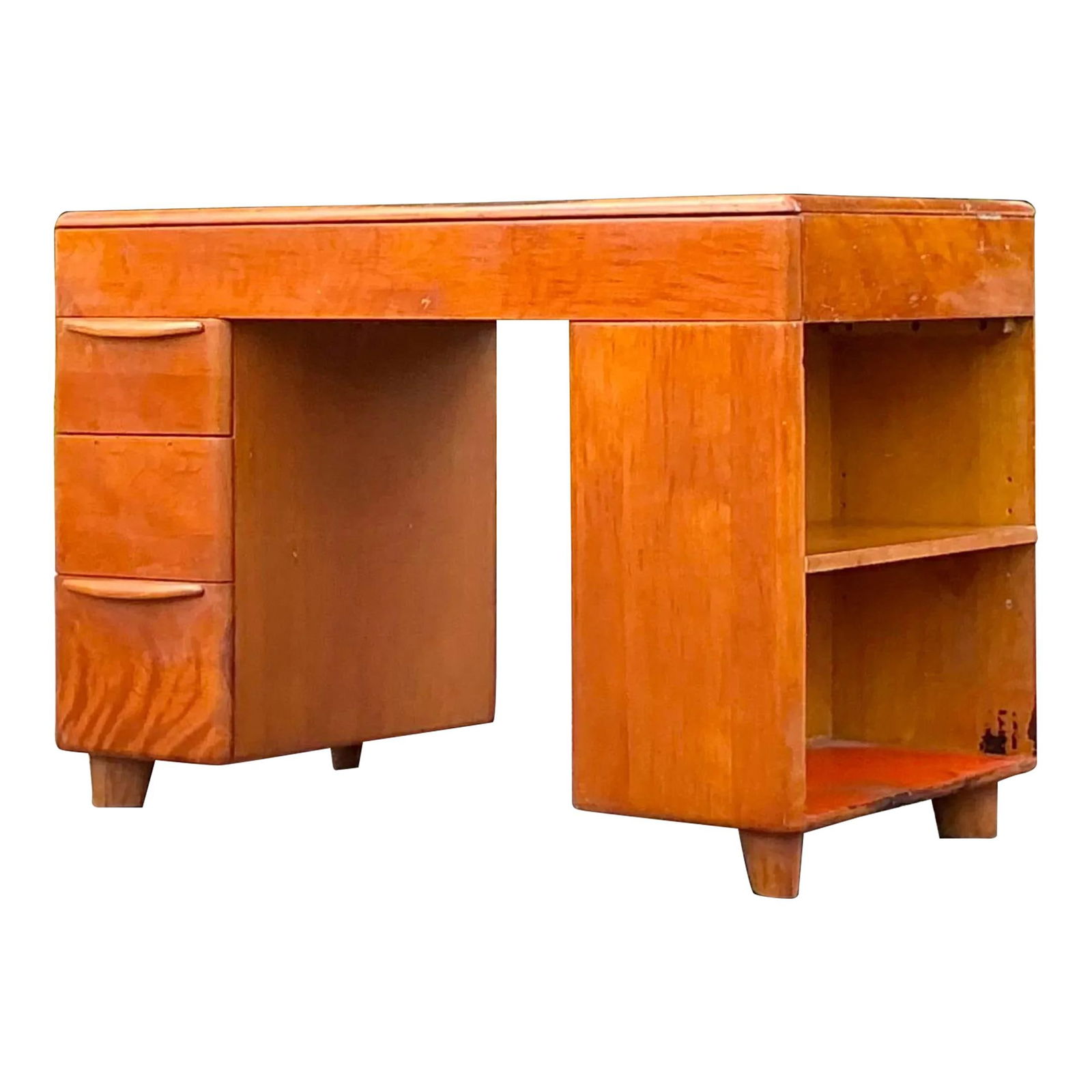 Vintage Mid-Century Modern Heywood Wakefield Writing Desk Chocolate Wood: Vintage Mid-Century Modern Heywood Wakefield Writing Desk Chocolate Wood Elevate your workspace with this Vintage Mid 20th Century Heywood Wakefield Writing Desk. This iconic piece showcases sleek lin