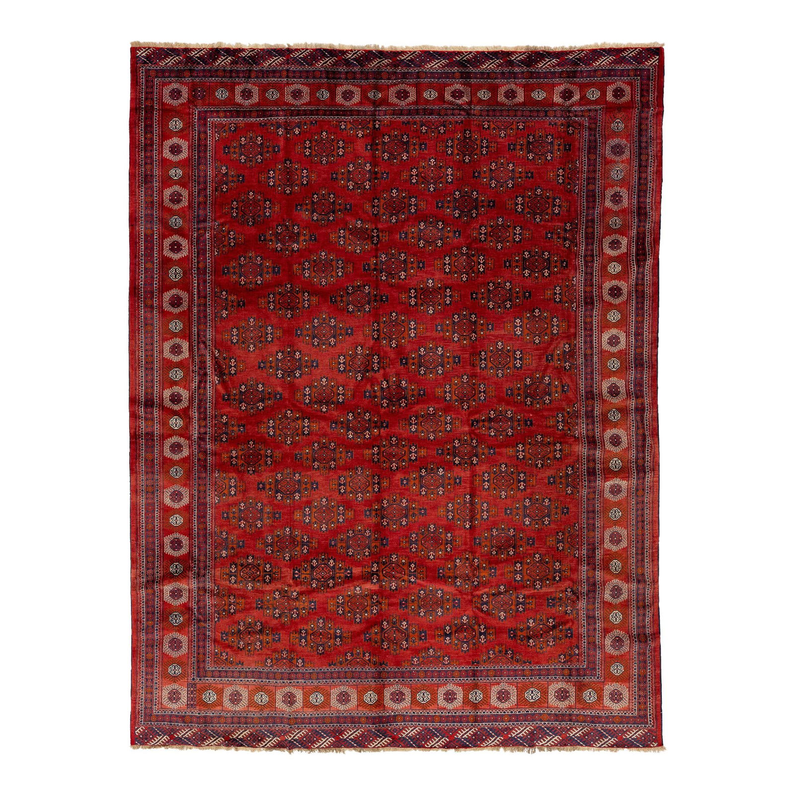 Handmade Turkmen Wool Rug Red Blue Orange Pattern 9'10 x 12'11: Handmade Turkmen Wool Rug Red Blue Orange Pattern 9'10 x 12'11 Enhance your space with this stunning handmade Turkmen wool rug, featuring a vibrant red field adorned with an intricate allover pattern