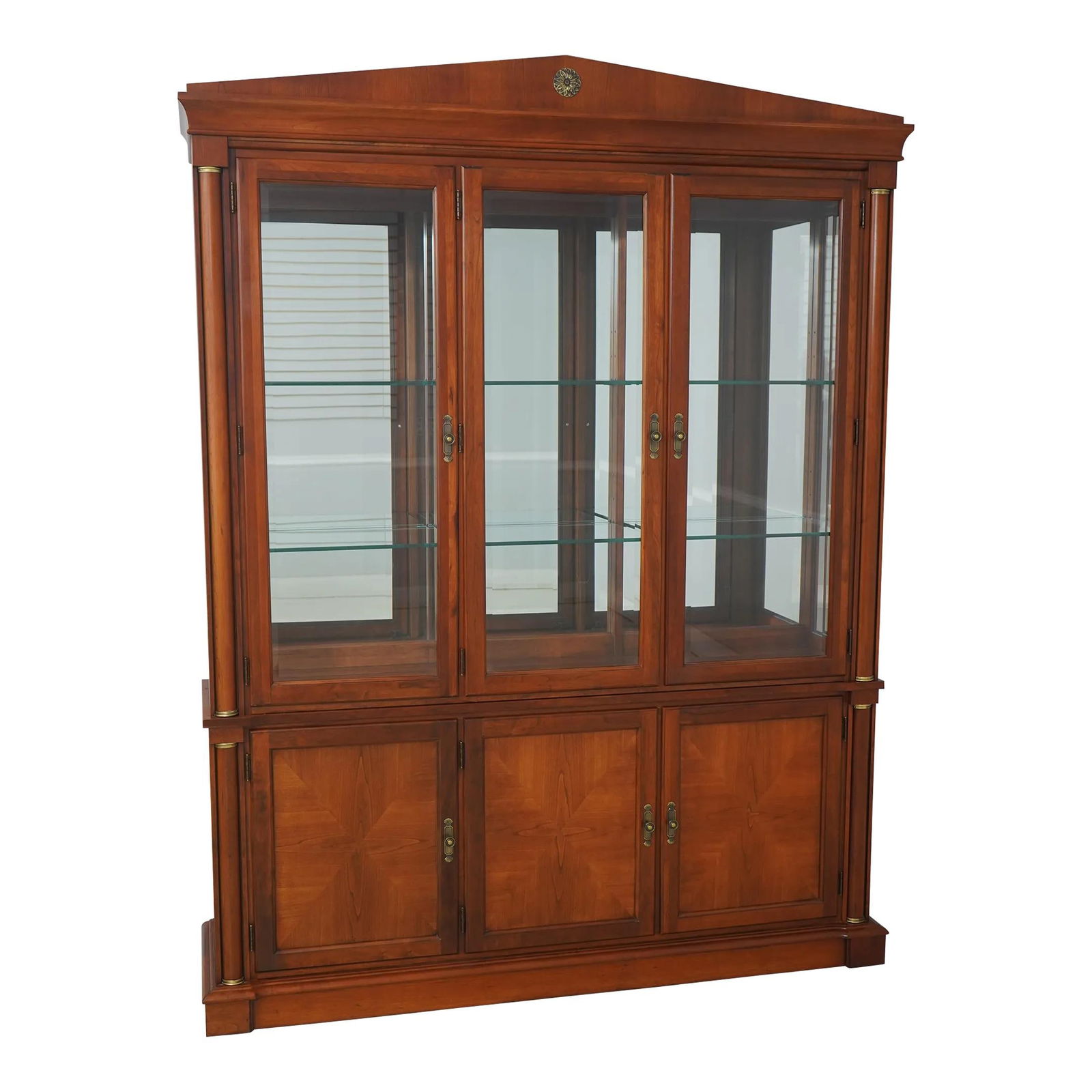 Ethan Allen French Empire China Cabinet Lighted Mirrored Wood 2 Piece: Ethan Allen French Empire China Cabinet Lighted Mirrored Wood 2 Piece This exquisite French Empire Style China Cabinet Breakfront showcases timeless elegance and quality craftsmanship. Constructed app