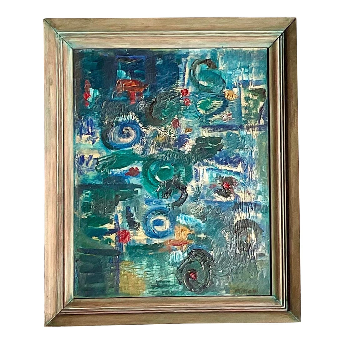 Vintage MCM Abstract Oil Painting Signed 1958: Vintage MCM Abstract Oil Painting Signed 1958 Discover a stunning vintage Mid-Century Modern (MCM) original oil painting featuring a chic abstract composition in brilliant shades of royal blue. This a
