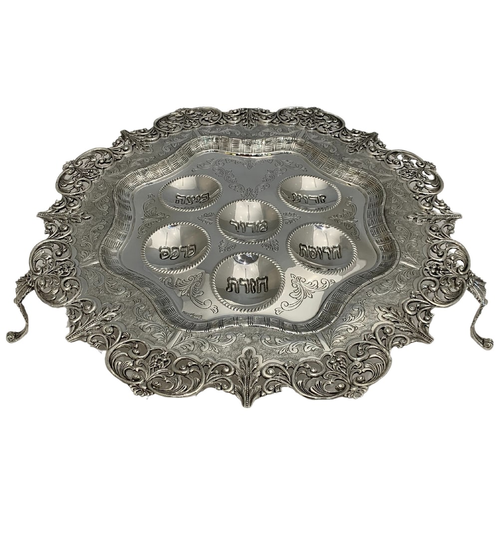 Handmade 925 Sterling Silver Ornate Seder Plate with Hebrew Engravings (1 of 5)