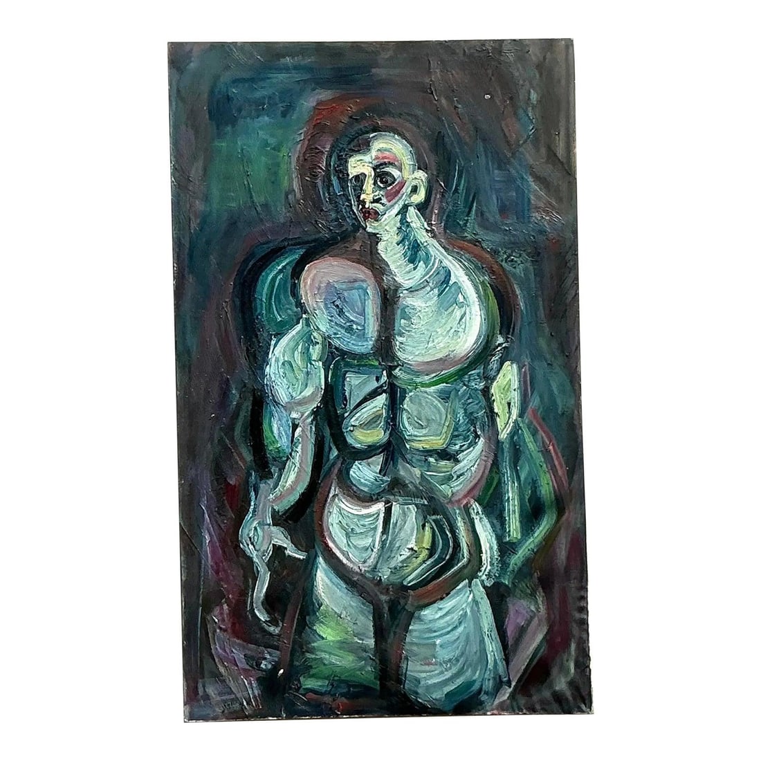 Large Blue Abstract Canvas Artwork With Bohemian Style 48 x 60 Inches: Large Blue Abstract Canvas Artwork With Bohemian Style 48 x 60 Inches This vintage boho monumental abstract oil painting features bold blue hues and textured layers, blending a free-spirited bohemian