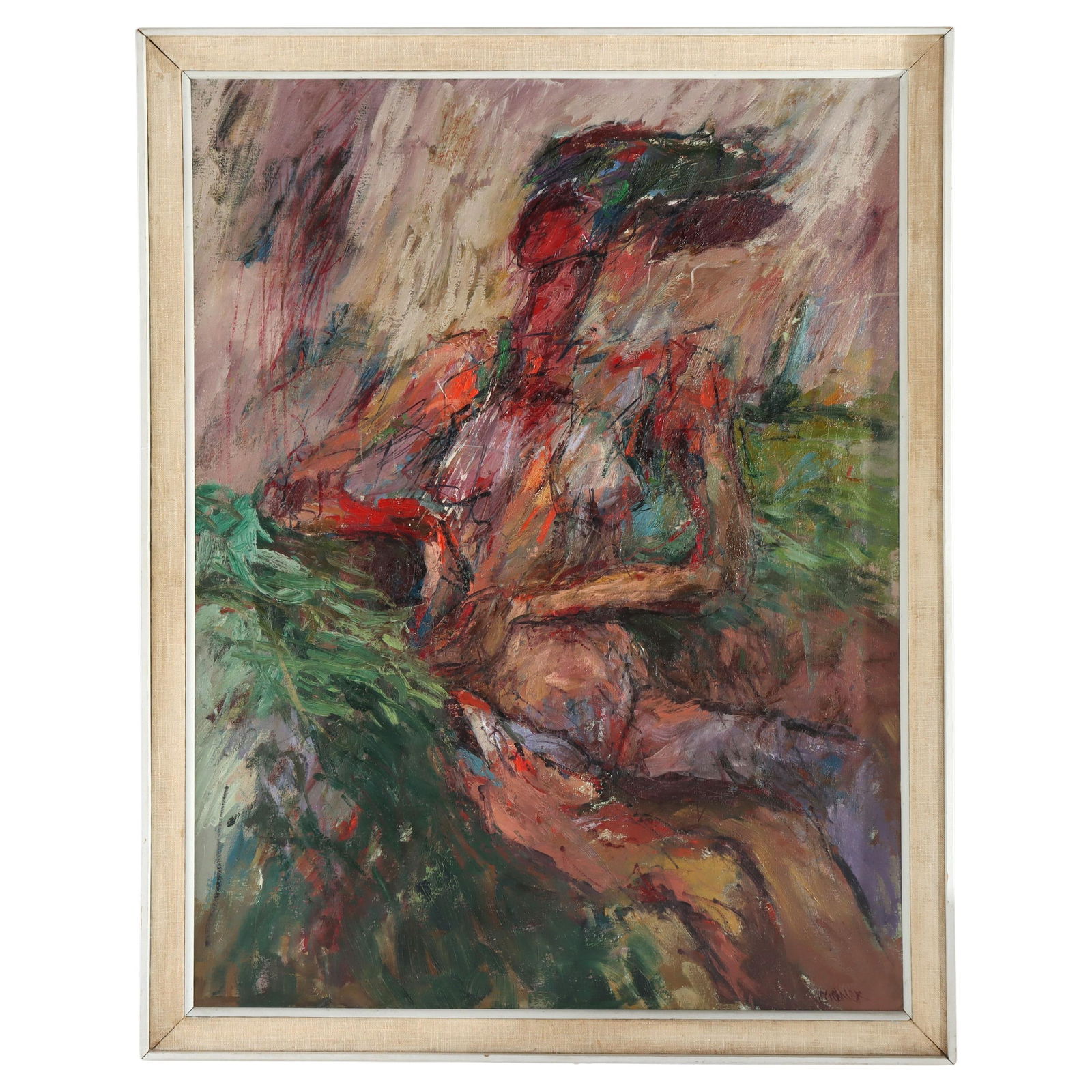 Mid-Century Modern Abstract Oil Painting Nude Woman Signed c1960: Mid-Century Modern Abstract Oil Painting Nude Woman Signed c1960 This stunning mid-century modern (MCM) abstract oil painting on canvas features a nude woman and showcases the bold brushstrokes and vi