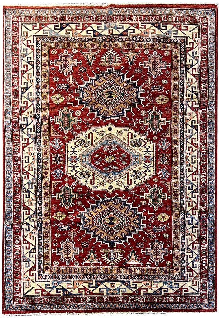 6' x 8'6" Handcrafted Red Super Kazak Rug, Geometric Design: 6' x 8'6" Handcrafted Red Super Kazak Rug, Geometric Design Free continental US Shipping Transform your space with this exquisite 6' x 9' Soft Elegant Red Super Kazak Rug, a stunning handwoven masterp