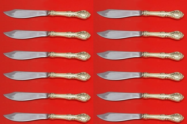 Gorham King Edward Sterling Silver Fish Knife Set 12 pcs 8 1/4 inch: Gorham King Edward Sterling Silver Fish Knife Set 12 pcs 8 1/4 inch This exquisite 12-piece fish knife set features the elegant King Edward pattern by Gorham. Each knife is crafted with a sterling sil