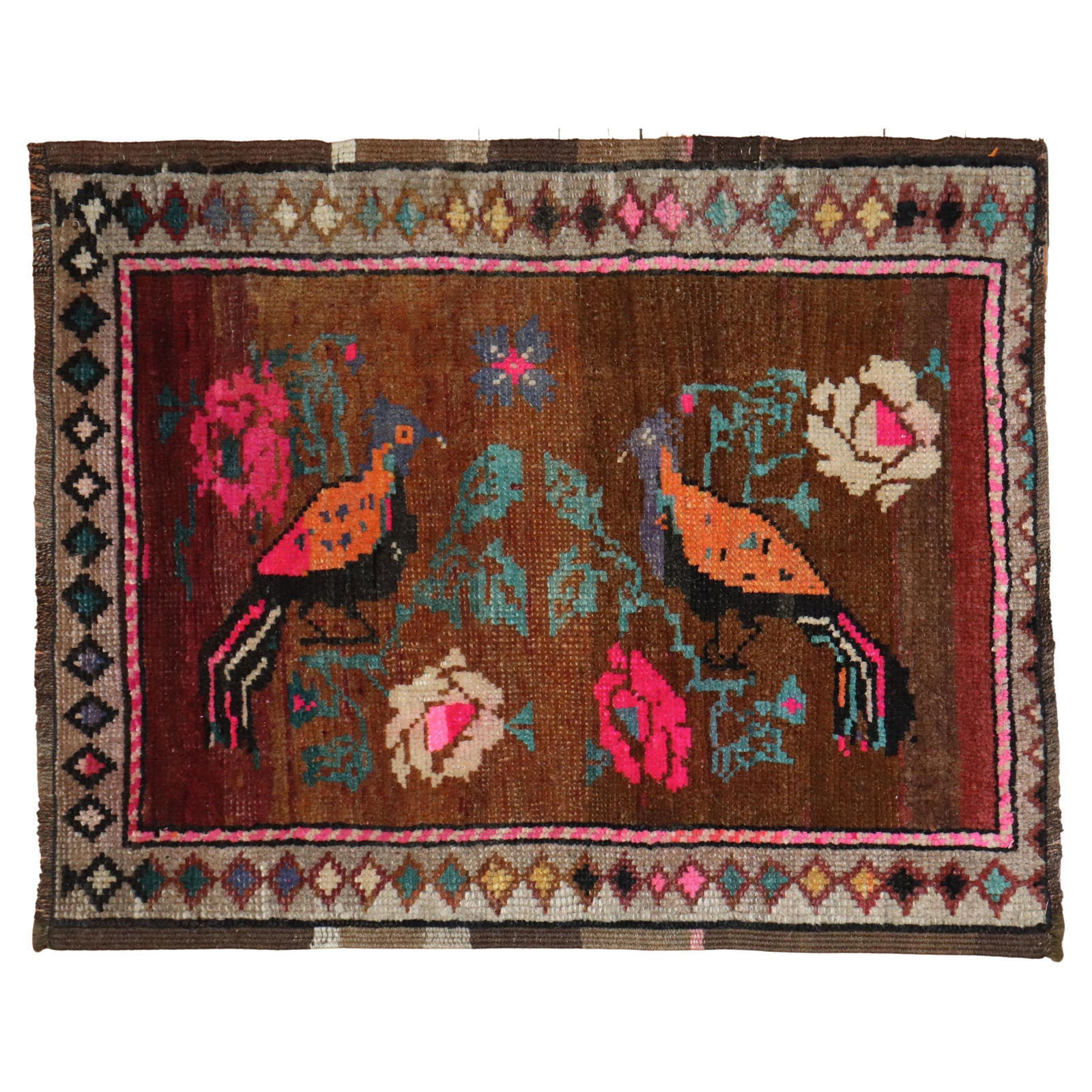 Mid 20th Century Turkish Folk Art Pigeon Rug 22x28: Mid 20th Century Turkish Folk Art Pigeon Rug 22x28 This charming vintage Turkish pigeon rug showcases a delightful folk art style, featuring a design with two pigeons. Hand-knotted from high-quality w