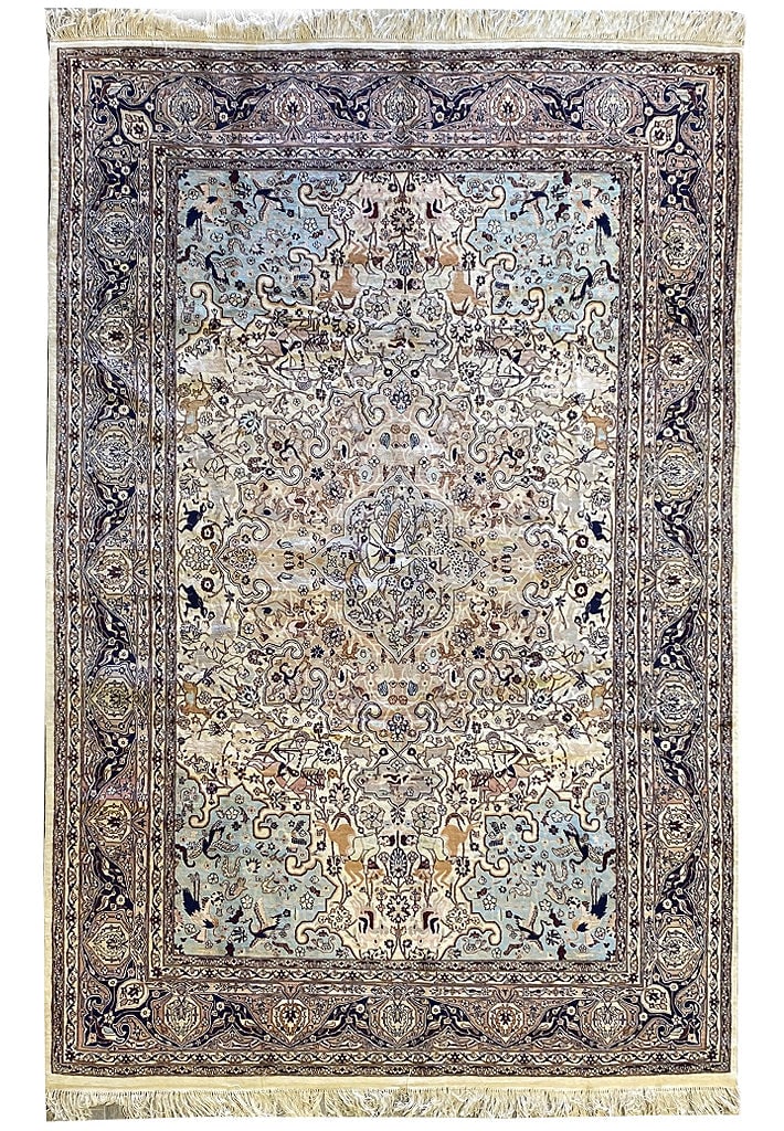 7'1 x 11' Handmade Wool Silk Area Rug Animal Motif Tabriz Design: 7'1 x 11' Handmade Wool Silk Area Rug Animal Motif Tabriz Design Free continental US Shipping Elevate your living space with this exquisite 7' x 11' handmade rug, skillfully crafted from premium wool