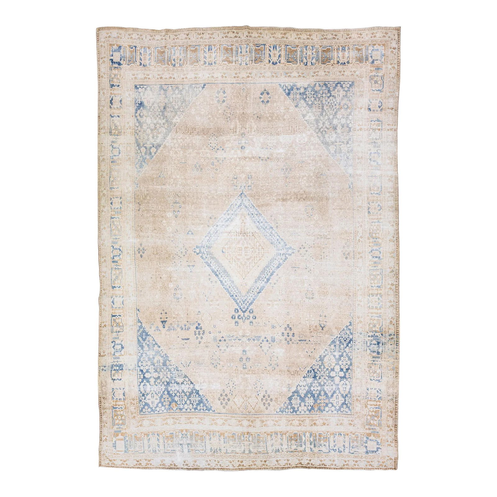 1920s Handmade Antique Persian Beige Wool Medallion Rug 10 x 14'6: 1920s Handmade Antique Persian Beige Wool Medallion Rug 10 x 14'6 This exquisite antique Persian rug from the 1920s showcases a stunning hand-knotted wool construction with a distressed finish. The ru