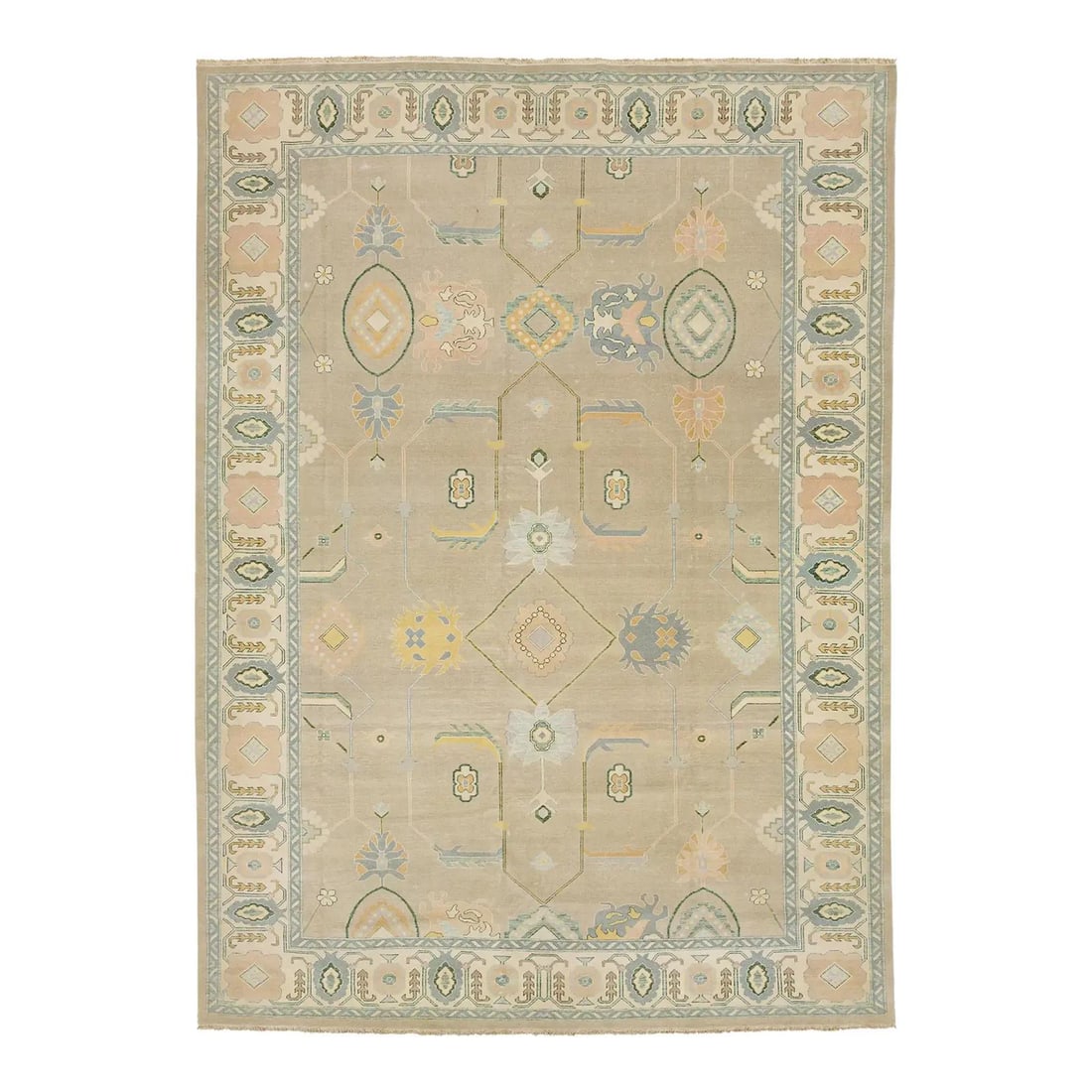Handmade Egyptian Oushak Wool Rug 10'9 x 15'1 Geometric Design: Handmade Egyptian Oushak Wool Rug 10'9 x 15'1 Geometric Design Experience the perfect fusion of heritage and modernity with this exquisite Egyptian Oushak rug. Handmade from luxurious handknotted wool