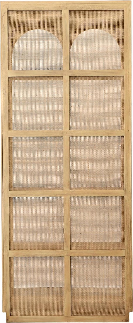 Leonardo Bookcase Mindi Wood Rattan Accents 78.5H 32.5W 17D: Leonardo Bookcase Mindi Wood Rattan Accents 78.5H 32.5W 17D Enhance your living space with the Stylish Leonardo Bookcase, featuring elegant rattan accents. This versatile bookcase stands tall at 78.50