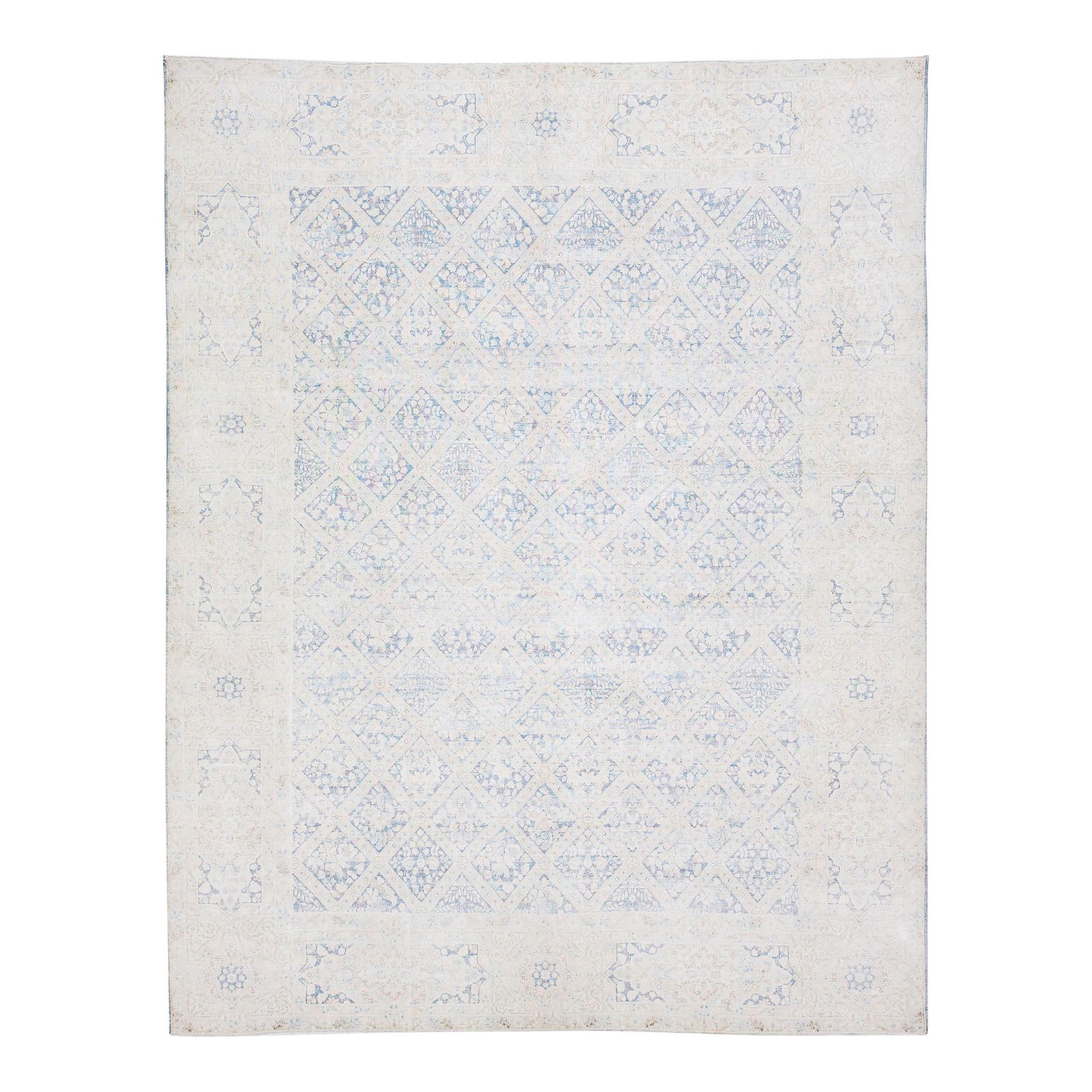 Antique Kerman Handmade Persian Wool Rug 9'8 x 12'3 Beige Floral Design: Antique Kerman Handmade Persian Wool Rug 9'8 x 12'3 Beige Floral Design Elevate your space with this stunning antique Kerman hand-knotted wool rug, showcasing a beautiful beige field adorned with blue