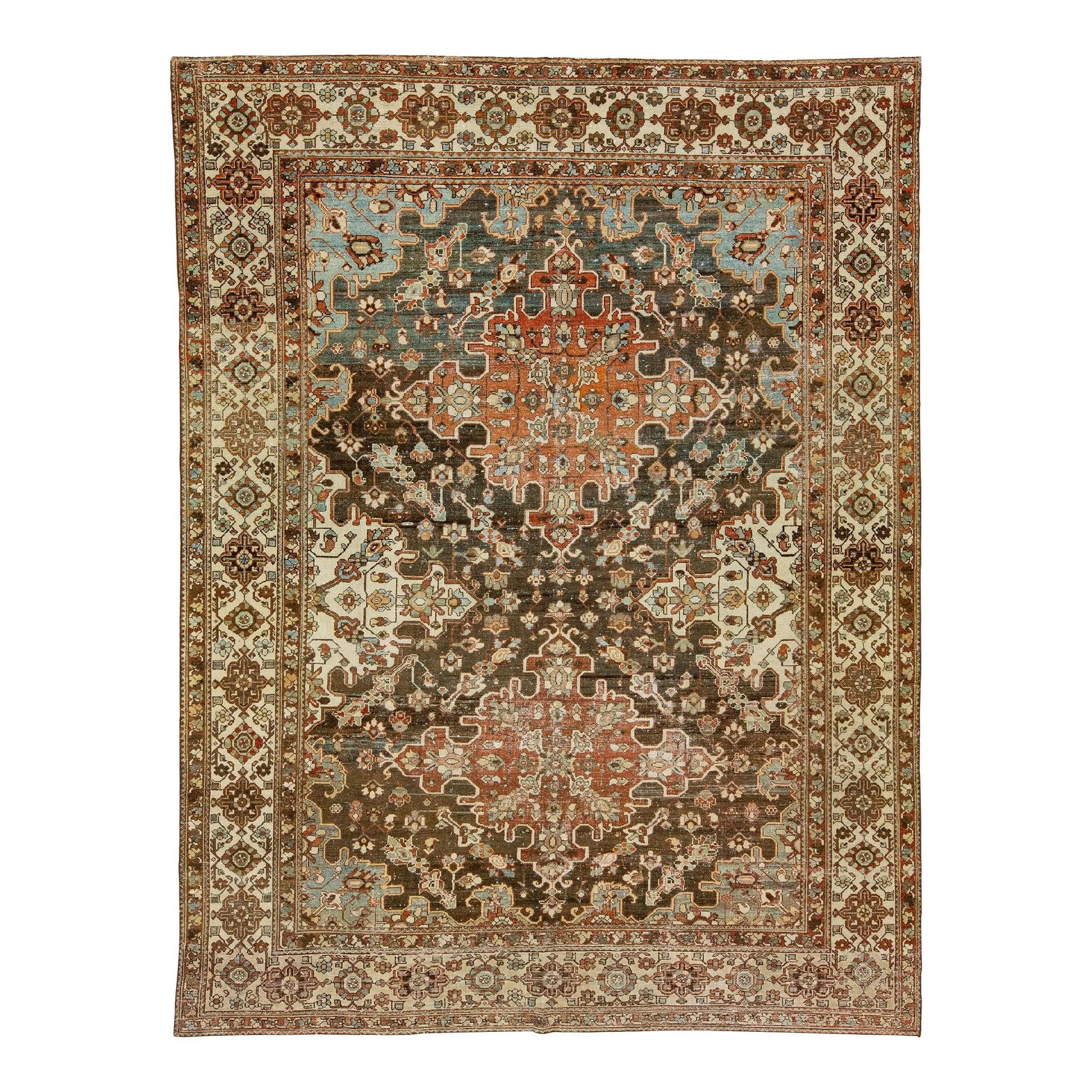 1920s Antique Bakhtiari Red Wool Rug 10'8 x 14' Floral Design: 1920s Antique Bakhtiari Red Wool Rug 10'8 x 14' Floral Design This exquisite 1920s Persian Bakhtiari rug showcases a striking red wool field adorned with classic floral motifs in vibrant blue, brown,