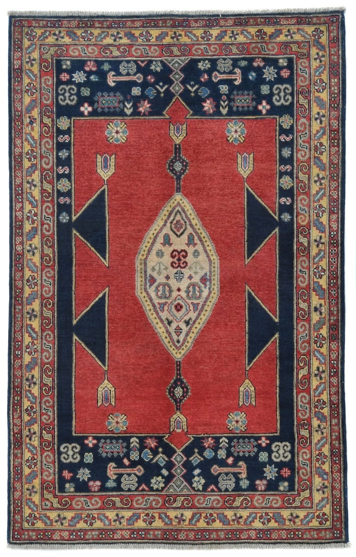 Handmade Kazak Oushak Wool Rug 4x6 Red Geometric Modern Design: Handmade Kazak Oushak Wool Rug 4x6 Red Geometric Modern Design This exquisite handmade Kazak Oushak Oriental rug showcases a striking red color palette complemented by dark navy, pastel yellow, cream,