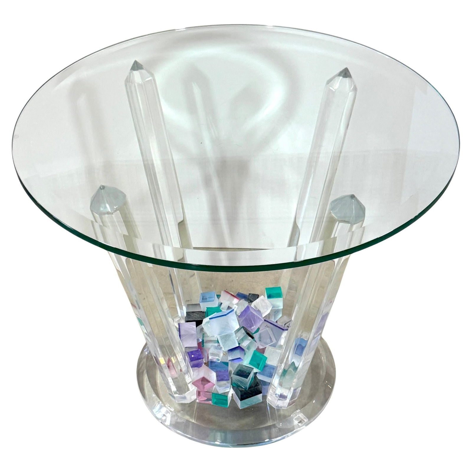 Postmodern Lucite Accent Table with Multicolored Stacked Cubes and Beveled Glass Top: Postmodern Lucite Accent Table with Multicolored Stacked Cubes and Beveled Glass Top This post-modern lucite table, attributed to Will Grant and crafted in the 1980s, features a striking architectural