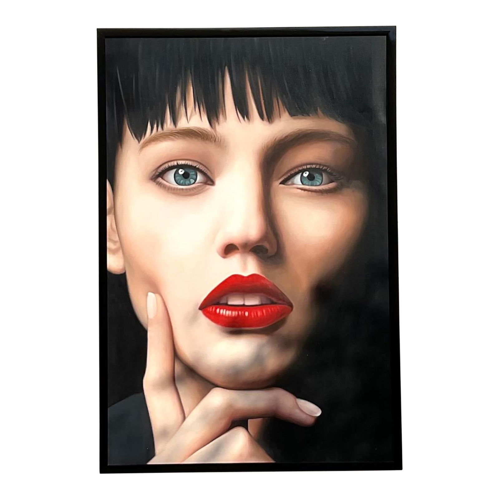 Monumental Vintage Oil Portrait on Canvas in Black Frame: Monumental Vintage Oil Portrait on Canvas in Black Frame This stunning vintage oil portrait on canvas showcases lifelike details and a bold aesthetic that draws the eye. The artist's skillful use of l