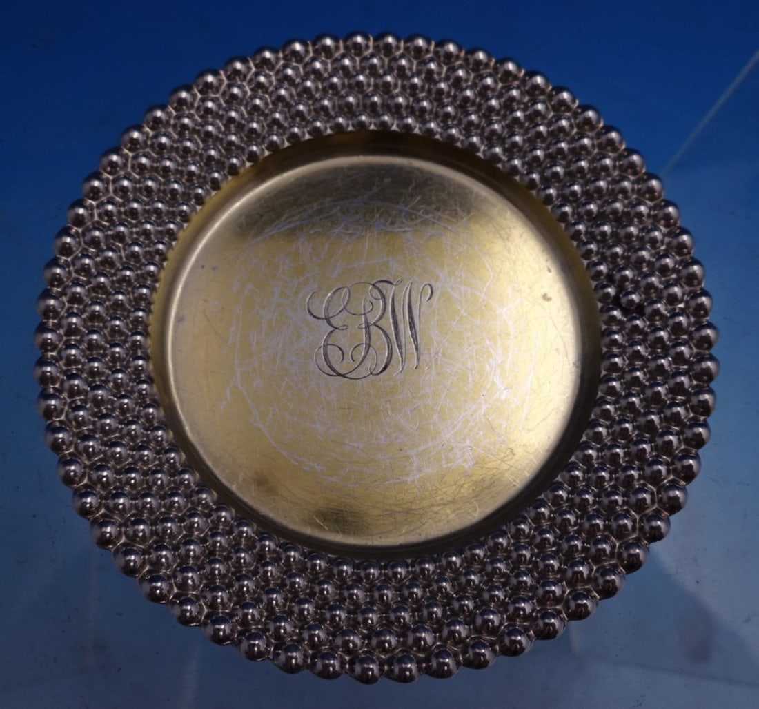 Tiffany & Co Sterling Silver Butter Pat Beaded Rim 2 3/4" Monogrammed: Tiffany & Co Sterling Silver Butter Pat Beaded Rim 2 3/4" Monogrammed This exquisite butter pat from Tiffany & Co. is crafted from high-quality sterling silver (.925) and features a charming beaded ri