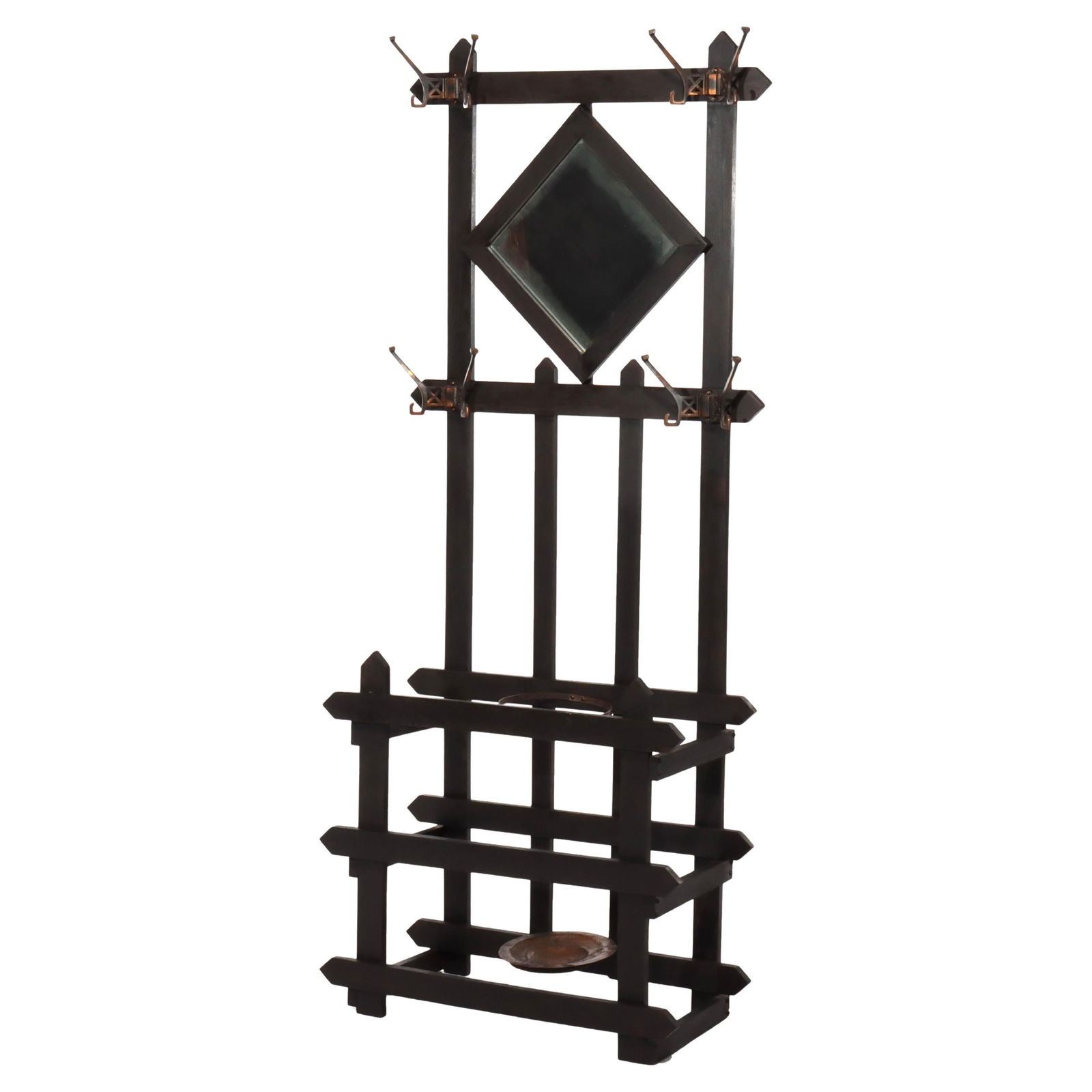 Vintage Arts & Crafts Mission Oak Hall Tree with Mirror and Umbrella Stand c1920: Vintage Arts & Crafts Mission Oak Hall Tree with Mirror and Umbrella Stand c1920 This Antique Arts & Crafts Mission Oak Mirrored Hall Tree, crafted around 1920, beautifully embodies the Arts & Crafts