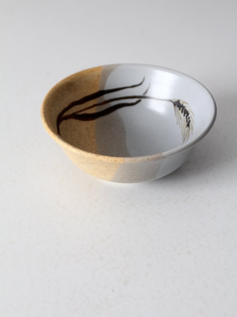 Unique Signed Vintage Studio Pottery Bowl with Wheat Design: Unique Signed Vintage Studio Pottery Bowl with Wheat Design This exquisite vintage studio pottery bowl is a unique creation, signed by the artist. It features a soft blue, beige, and gray glaze, beaut