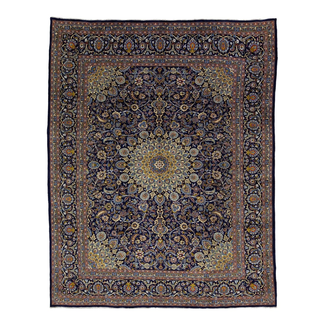 Vintage 1950s Hand-Knotted Persian Kashan Wool Rug 9'6 x 12'2 Blue: Vintage 1950s Hand-Knotted Persian Kashan Wool Rug 9'6 x 12'2 Blue Discover the elegance of this vintage 1950s Persian hand-knotted Kashan rug, showcasing a captivating blue field embellished with a m