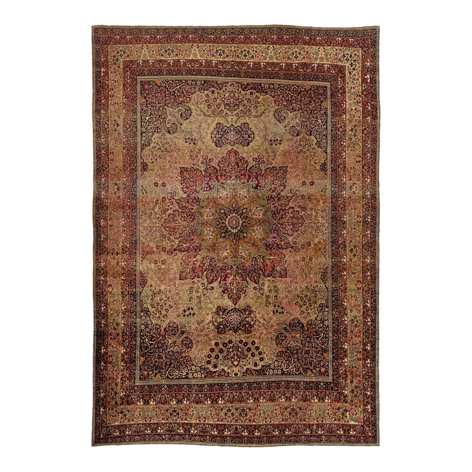 1880s Persian Kerman Handmade Wool Rug Raspberry Red Floral Design 9'8 x 14': 1880s Persian Kerman Handmade Wool Rug Raspberry Red Floral Design 9'8 x 14' This exquisite Persian Kerman wool rug from the late 19th century features a stunning allover floral design in shades of pe