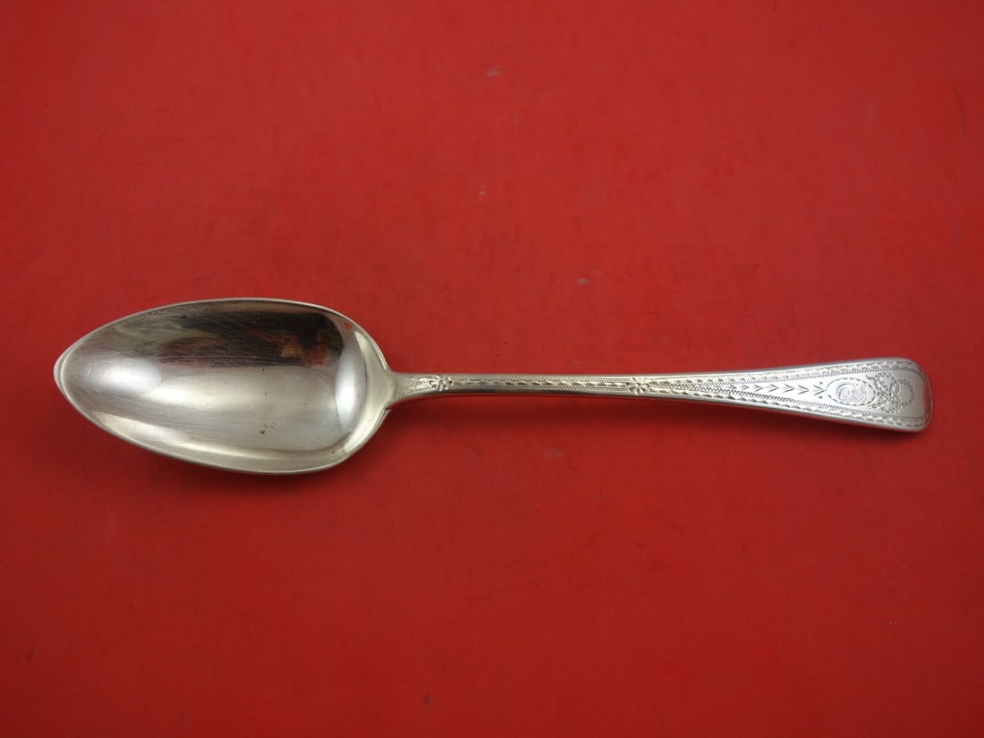 Shiebler Sterling Silver Vintage Serving Spoon Brite-Cut 8 3/4 in Monogrammed: Shiebler Sterling Silver Vintage Serving Spoon Brite-Cut 8 3/4 in Monogrammed This exquisite vintage serving spoon from Shiebler is crafted from high-quality sterling silver, featuring a beautiful bri