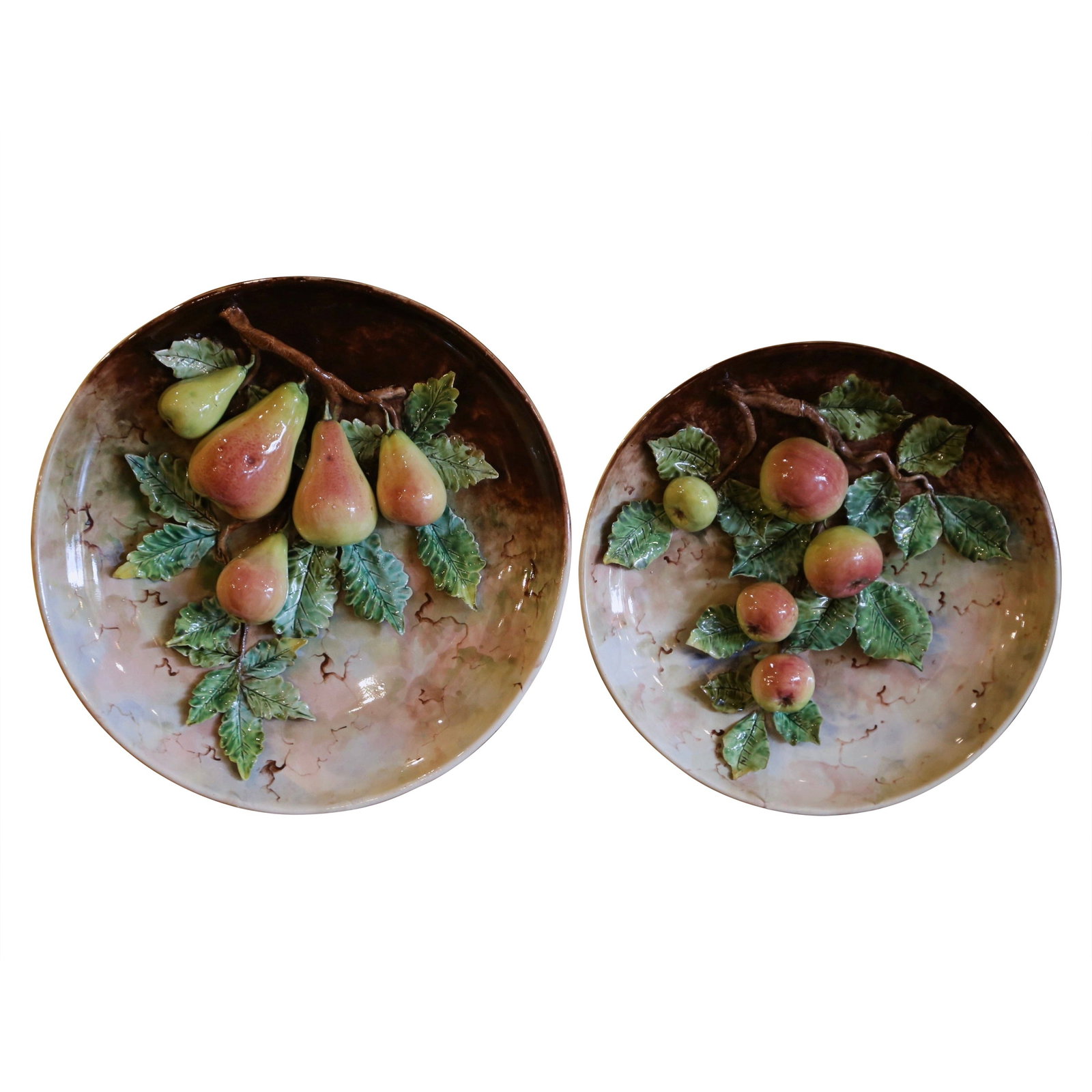 19th Century French Majolica Fruit Wall Platters Set of 2: 19th Century French Majolica Fruit Wall Platters Set of 2 This exquisite pair of 19th-century French hand-painted Barbotine fruit wall platters brings a touch of elegance to any home. Crafted in the l