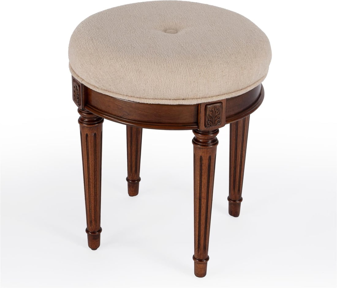 Butler Bernadette Vanity Stool in Olive Ash Finish: Butler Bernadette Vanity Stool in Olive Ash Finish This elegant vanity stool from the Bernadette collection by Butler showcases a transitional style that seamlessly blends classic and contemporary des