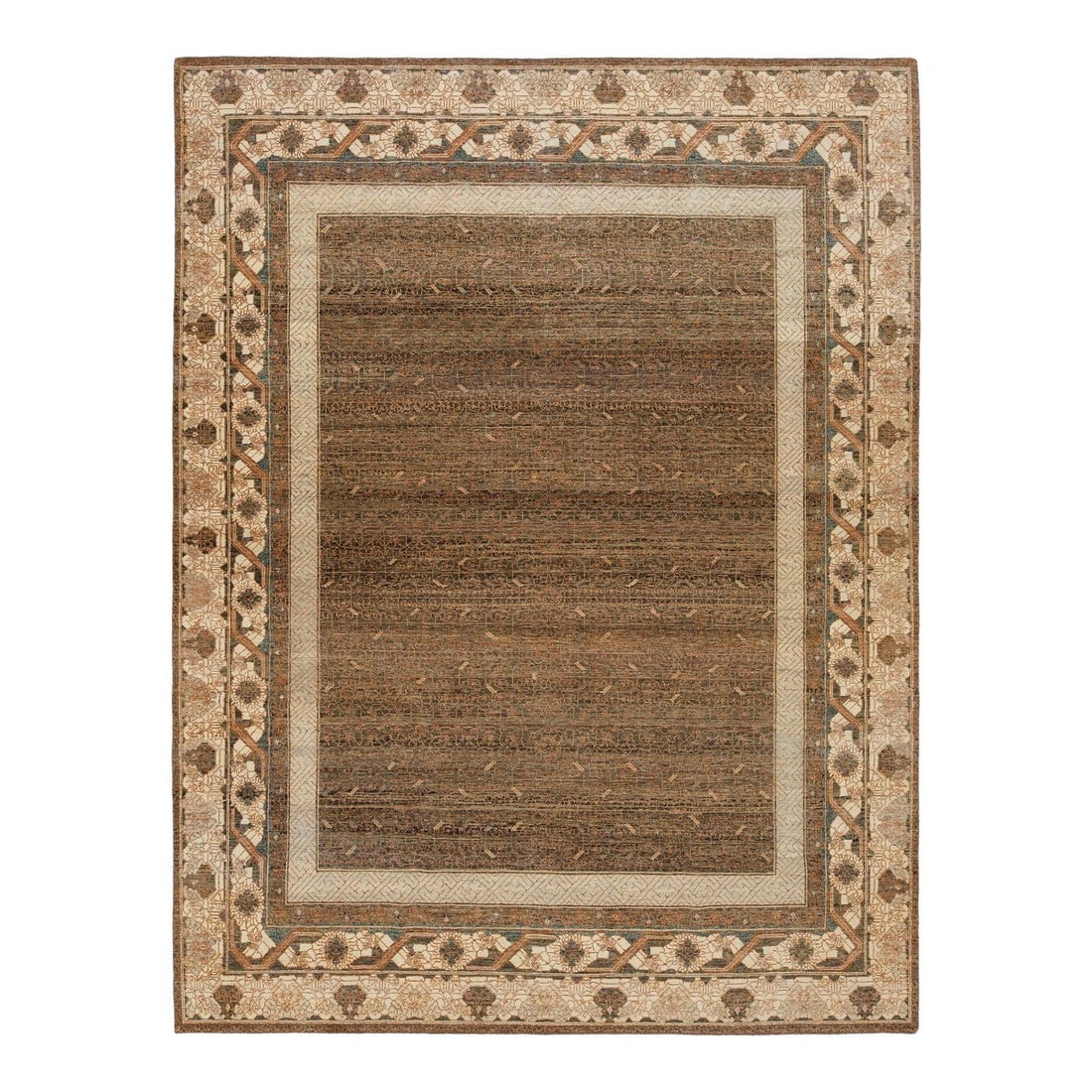 Handmade 9x12 Modern Khotan Style Wool Rug in Brown: Handmade 9x12 Modern Khotan Style Wool Rug in Brown Elevate your living space with this exquisite Khotan-style hand-knotted wool rug, featuring a warm brown field enriched with accents of beige, orang