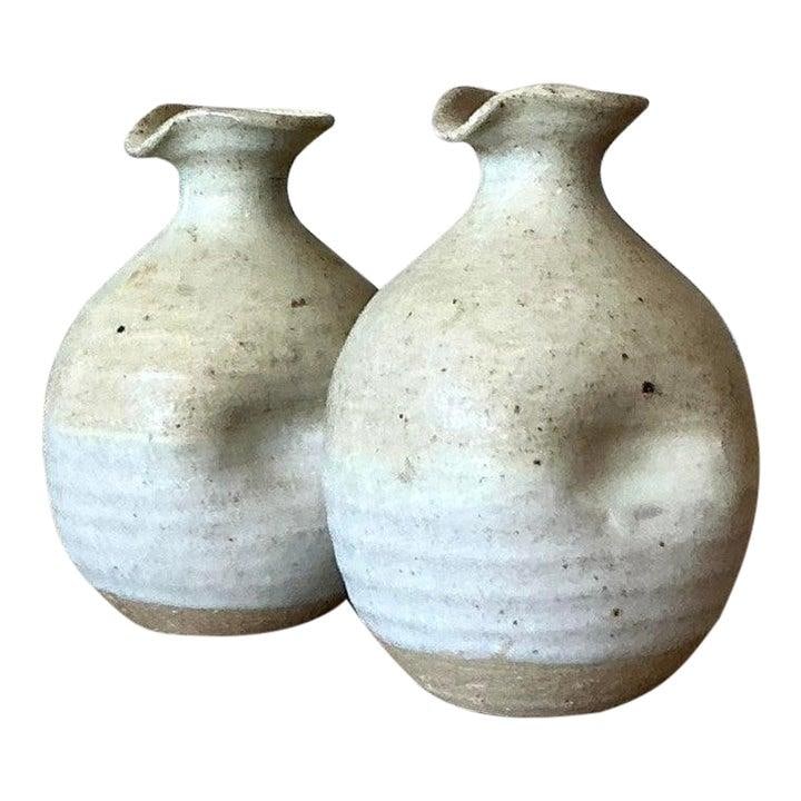 Charming Pair of Vintage Boho Pottery Bud Vases: Charming Pair of Vintage Boho Pottery Bud Vases This charming pair of vintage bud vases beautifully embodies the principles of Wabi-Sabi and rustic studio pottery, celebrating the beauty of imperfecti
