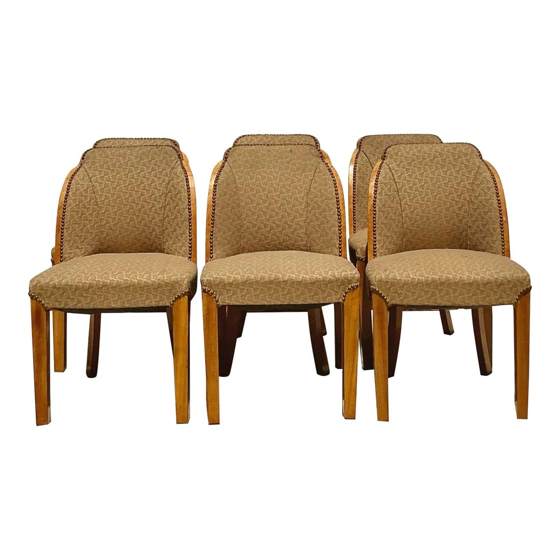 Set of 6 Vintage Art Deco Burled Walnut Dining Chairs Inspired by Harry and Lou Epstein: Set of 6 Vintage Art Deco Burled Walnut Dining Chairs Inspired by Harry and Lou Epstein Experience the elegance of the Art Deco era with this stunning set of six vintage dining chairs, inspired by the