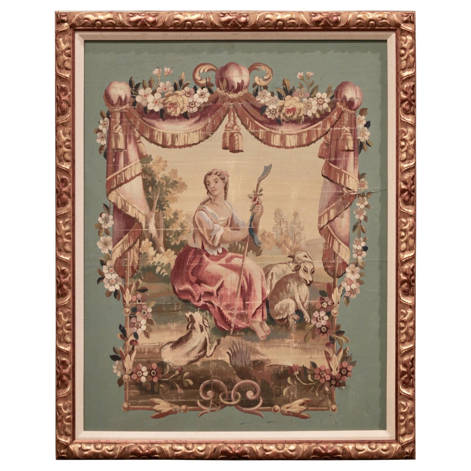 Antique 19th Century French Aubusson Gouache in Giltwood Frame: Antique 19th Century French Aubusson Gouache in Giltwood Frame Add charm and color to your wall with this elegant antique Aubusson drawing cartoon from the early 19th century. Created in the tapestry