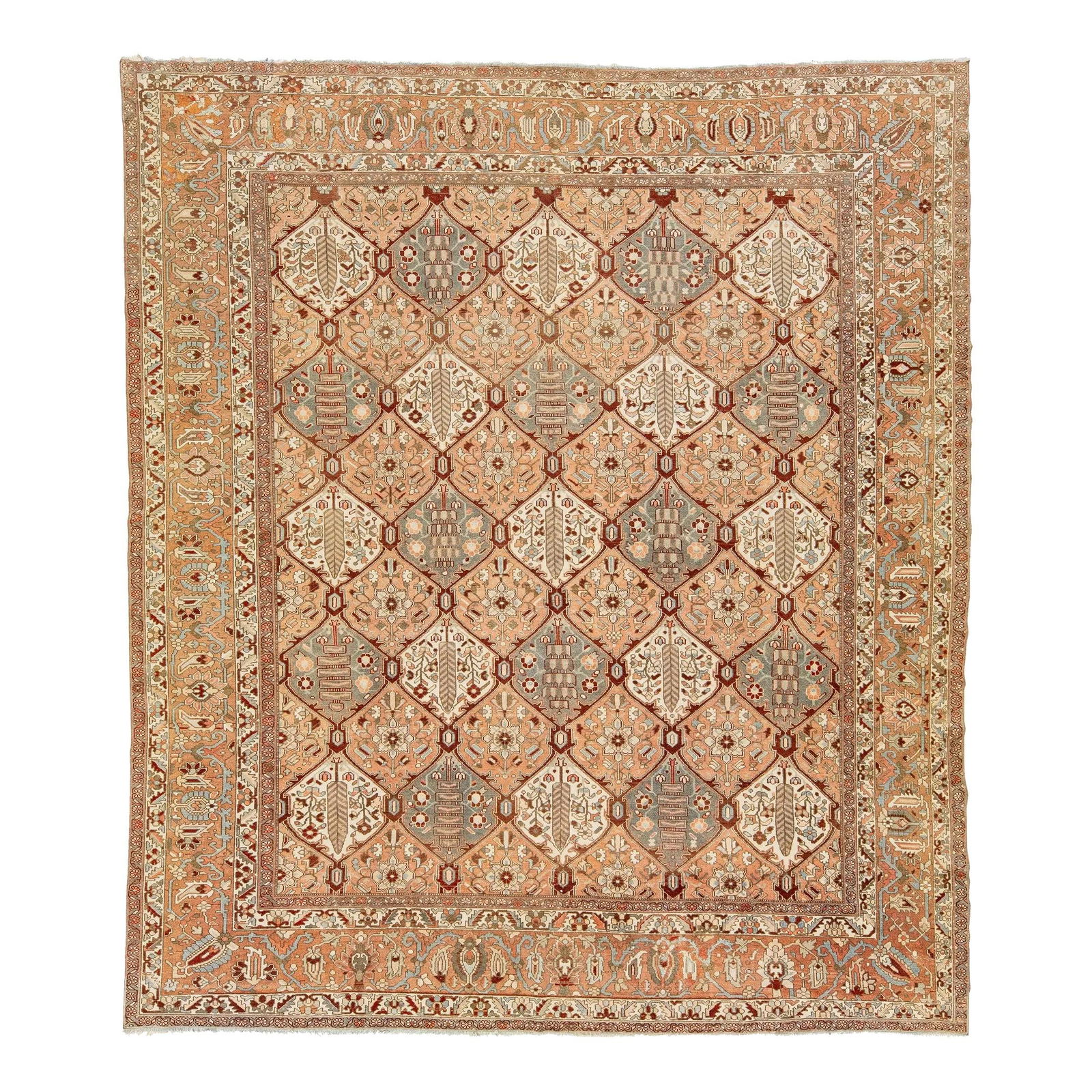 1920s Persian Bakhtiari Handmade Wool Rug Peach Geometric Design 12'4" x 14': 1920s Persian Bakhtiari Handmade Wool Rug Peach Geometric Design 12'4" x 14' This stunning 1920s Persian Bakhtiari rug is handcrafted from fine wool and features a charming peach-colored field. The ru