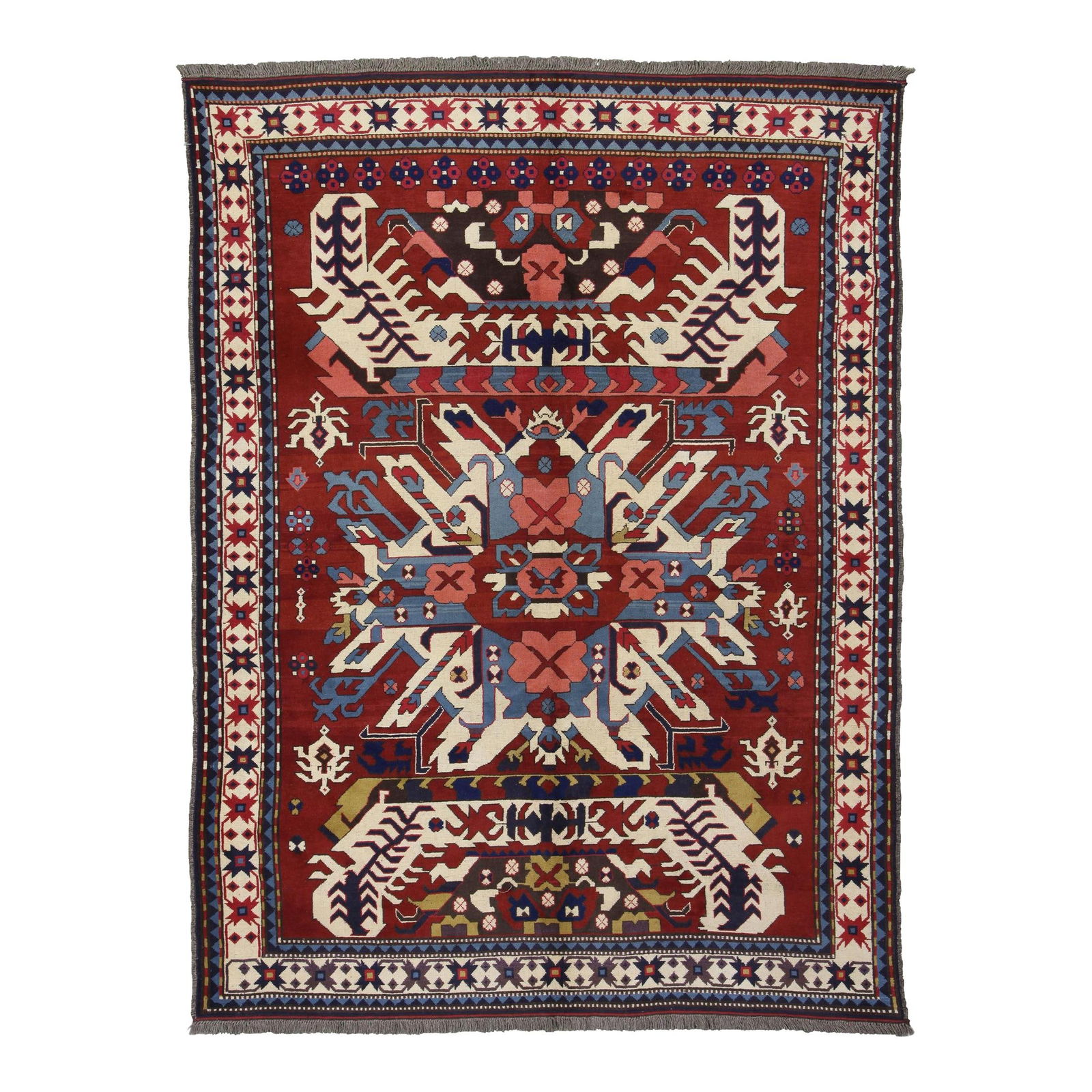 Handmade Kazak Red Wool Rug 6'9 x 8'10 Geometric Motif: Handmade Kazak Red Wool Rug 6'9 x 8'10 Geometric Motif Enhance your living space with this exquisite handmade Caucasian Kazak-style wool rug. Featuring a vibrant red field adorned with geometric motif