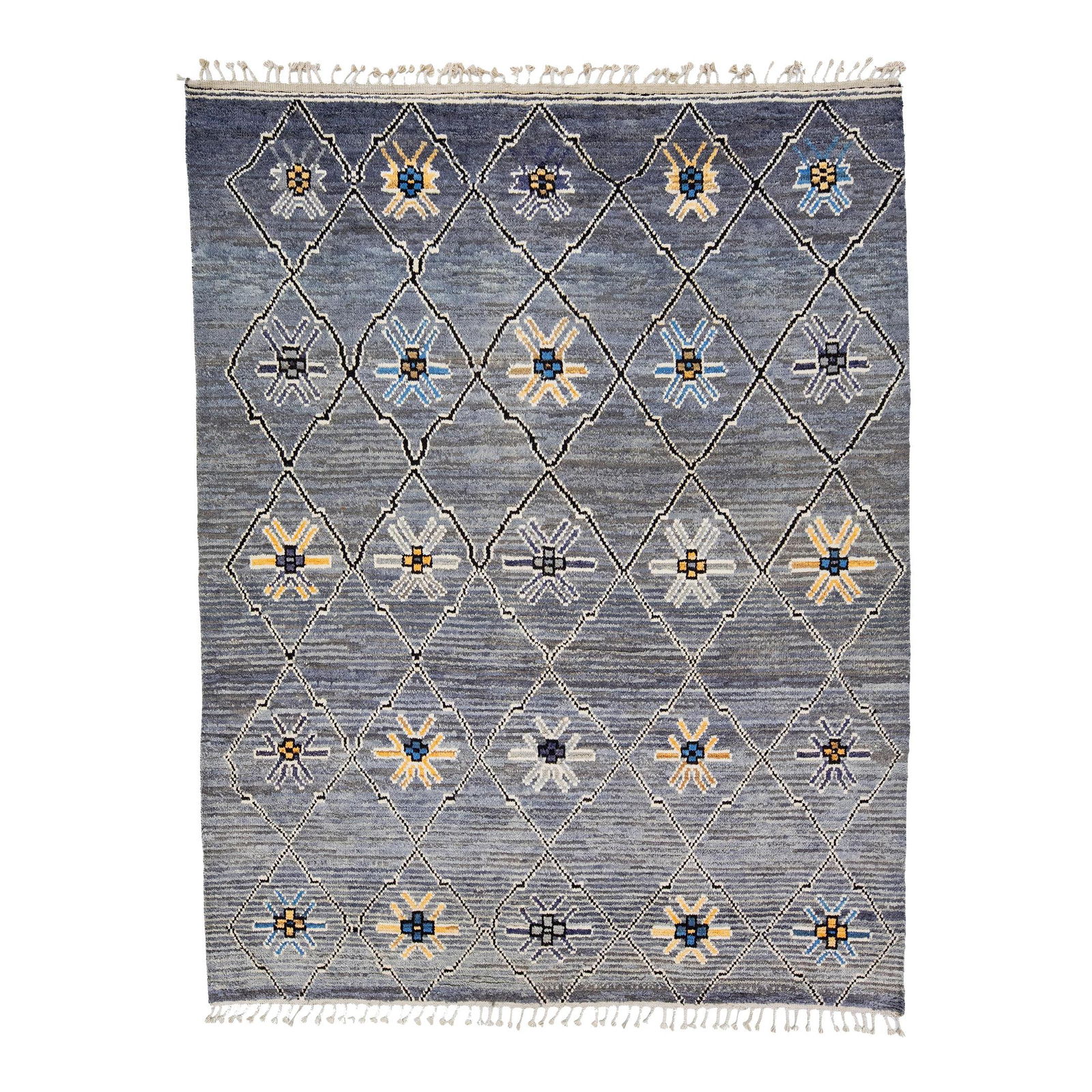 Handmade Gray Wool Rug 8'3 x 10'8 Moroccan Tribal Design: Handmade Gray Wool Rug 8'3 x 10'8 Moroccan Tribal Design Enhance your space with this stunning modern Moroccan style hand-knotted wool rug, featuring a gray field adorned with vibrant tribal designs i