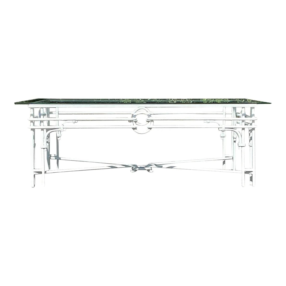 Vintage Regency Wrought Iron Coffee Table with Glass Top: Vintage Regency Wrought Iron Coffee Table with Glass Top Elevate your living space with this Vintage Regency Wrought Iron Target Coffee Table, a stunning blend of vintage glam and garden elegance. Fea