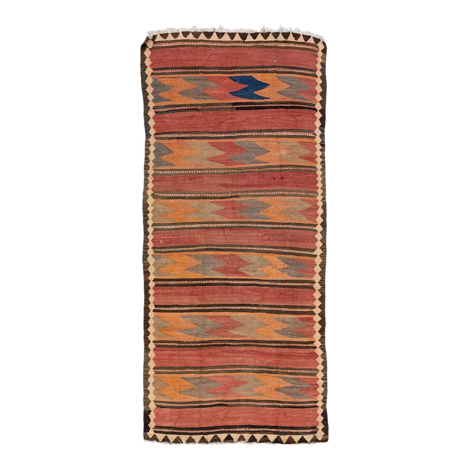 1960s Vintage Turkish Kilim Handmade Wool Rug Orange Tribal Design: 1960s Vintage Turkish Kilim Handmade Wool Rug Orange Tribal Design Experience the charm of this stunning vintage Turkish Kilim rug, expertly hand-knotted from high-quality wool. Featuring a vibrant or