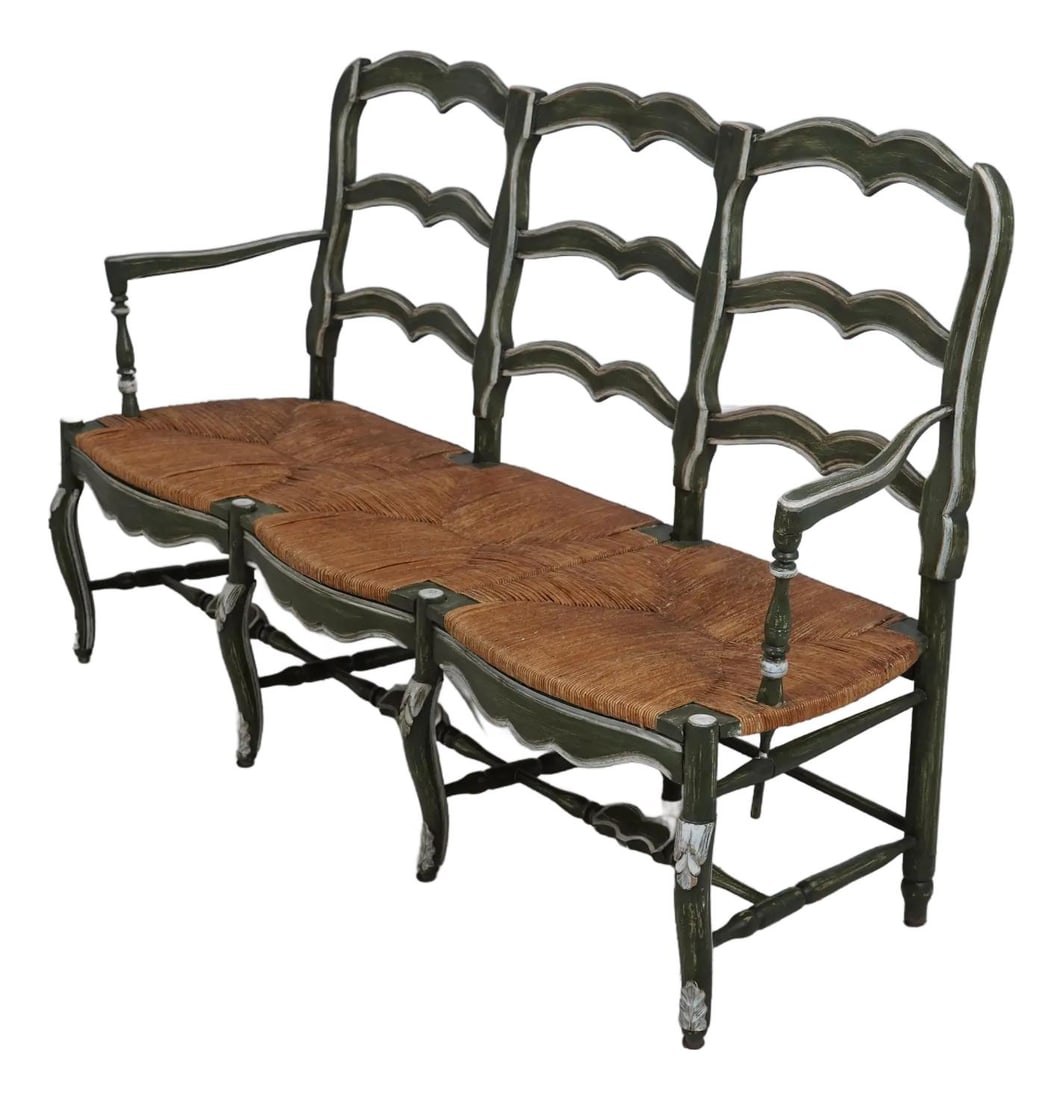 Vintage French Provincial Rush Seat Settee Factory Distressed (1 of 10)
