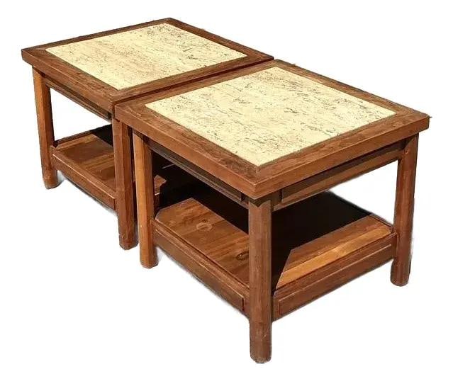 Vintage Boho Teak Side Tables with Travertine Tops - Pair (1 of 9)