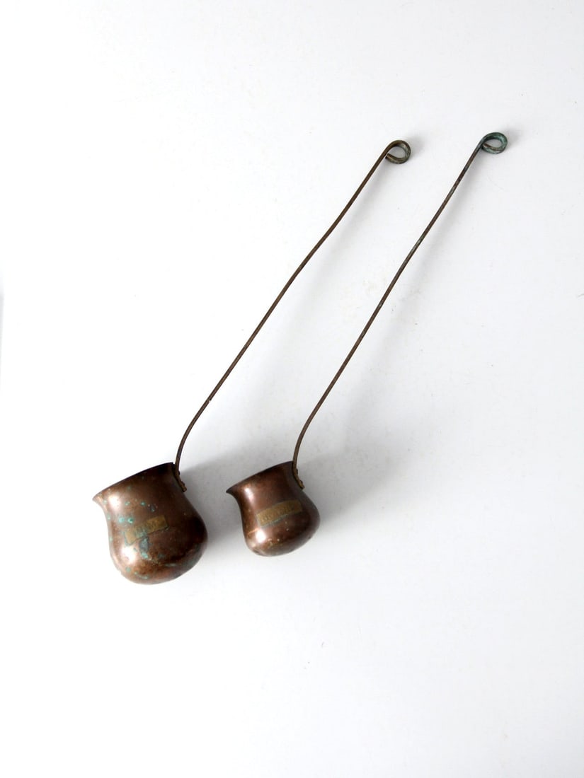 Antique Copper Rum and Brandy Tasting Ladles Pair with Brass Handles: Antique Copper Rum and Brandy Tasting Ladles Pair with Brass Handles This exquisite pair of antique copper liquor tasting ladles features a larger ladle marked "Rum" and a smaller ladle marked "Brandy