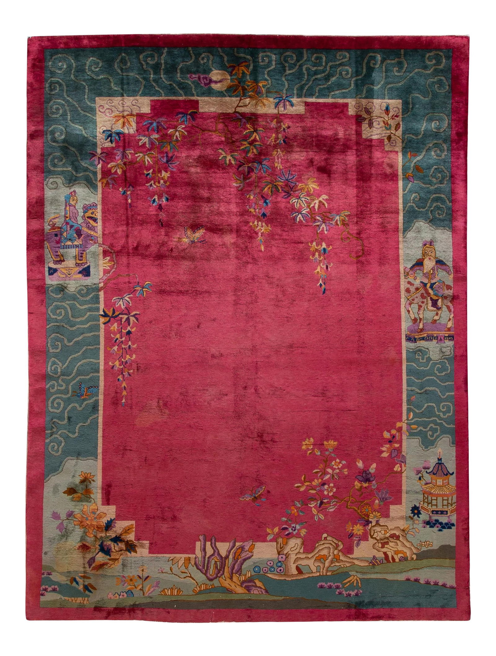 Antique Art Deco Chinese Wool Rug 8'10" x 12' Red Floral Design: Antique Art Deco Chinese Wool Rug 8'10" x 12' Red Floral Design Enhance your living space with this exquisite antique Chinese Art Deco wool rug, handcrafted with care. Featuring a vibrant bright red f