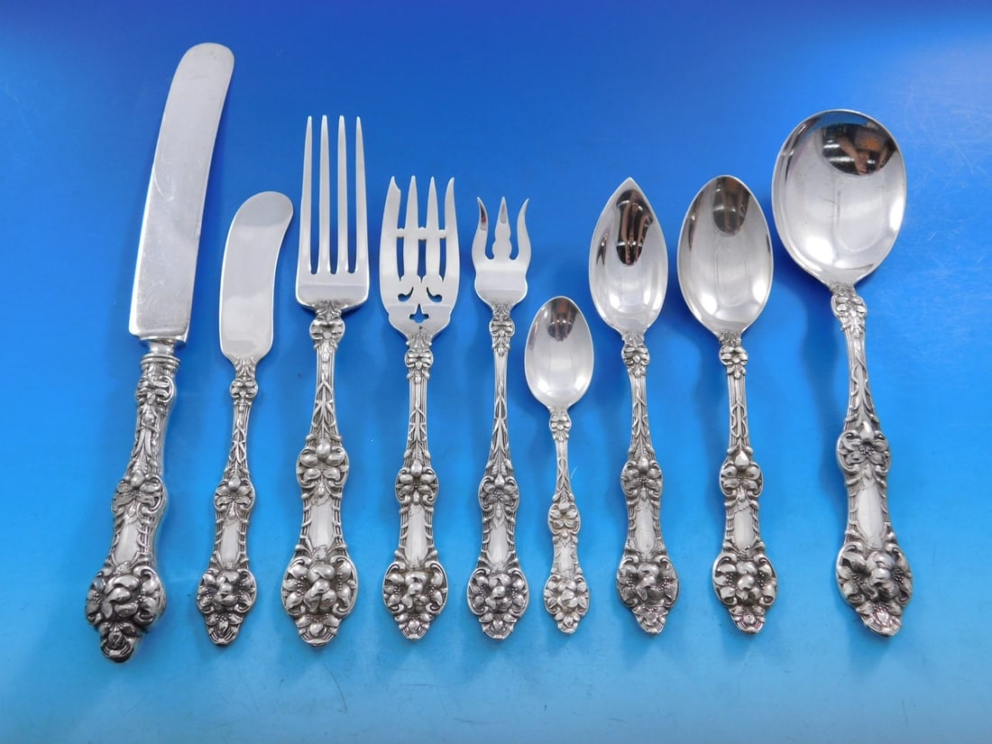 Alvin Old Orange Blossom Sterling Silver Flatware Set 110 Pieces for 12: Alvin Old Orange Blossom Sterling Silver Flatware Set 110 Pieces for 12 Presenting the exquisite Old Orange Blossom Sterling Silver Flatware Set by Alvin, designed to serve 12. This stunning Art Nouve