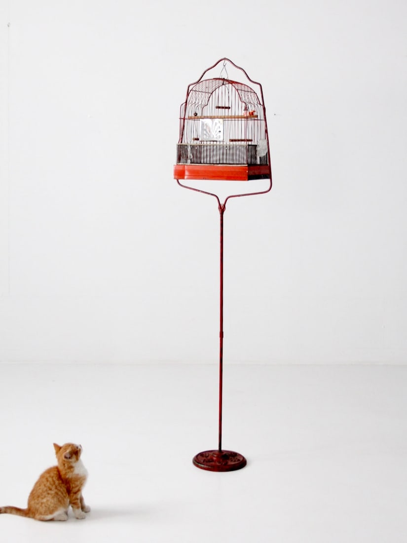 Antique Red Crown Bird Cage with Cast Iron Stand and Feeders (1 of 8)