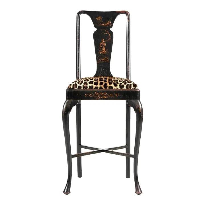 Antique Ebonized Queen Anne Chinoiserie Tall Desk Chair C1890-1910: Antique Ebonized Queen Anne Chinoiserie Tall Desk Chair C1890-1910 Presenting a charming antique ebonized wood Queen Anne Chinoiserie diminutive tall desk chair, dating from circa 1890-1910. This eleg