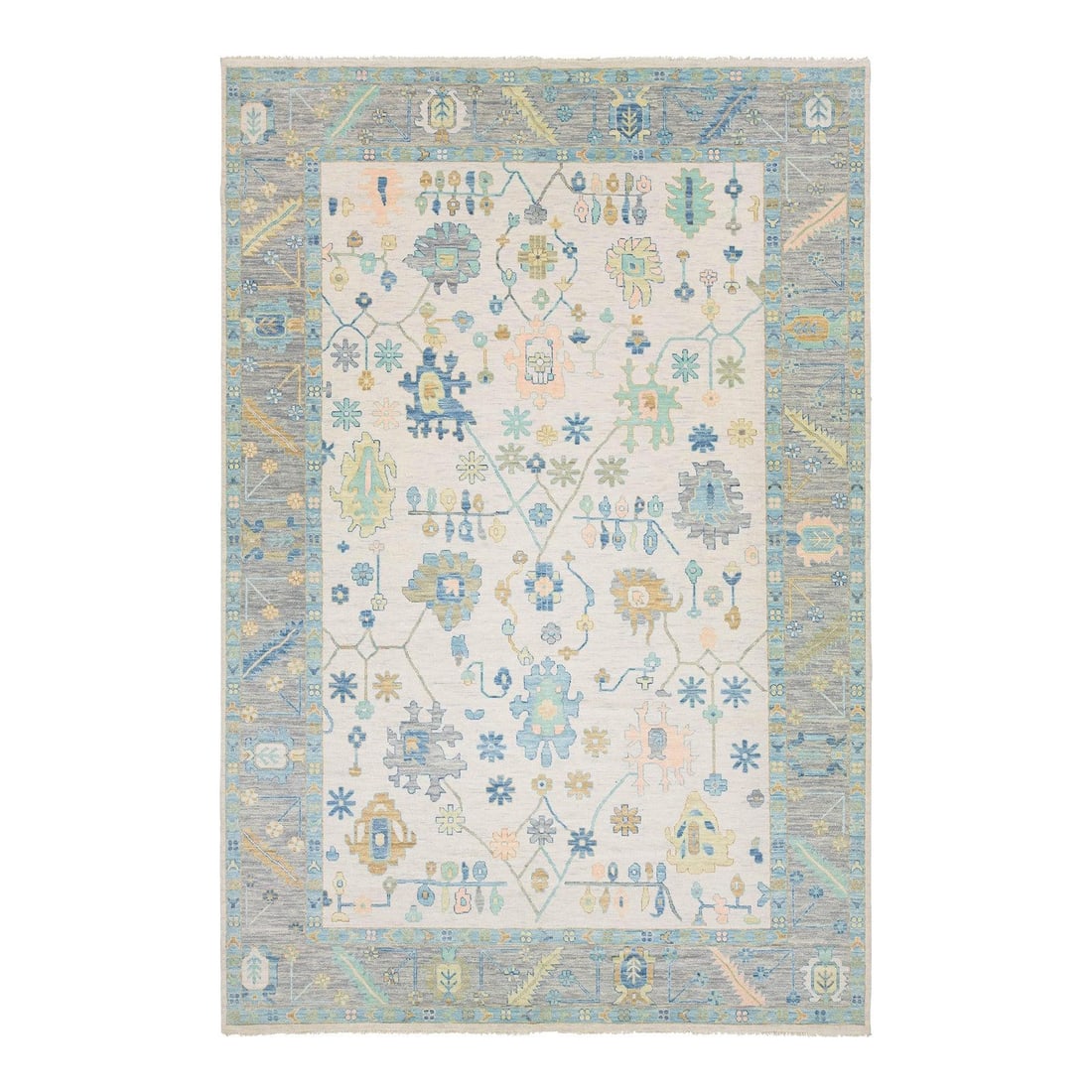 Elegant Hand-Knotted Floral Oushak Wool Rug 12'2" x 18'2" Beige: Elegant Hand-Knotted Floral Oushak Wool Rug 12'2" x 18'2" Beige This Contemporary Hand-Knotted Floral Oushak Style Wool Rug beautifully blends modern aesthetics with traditional Oushak craftsmanship.