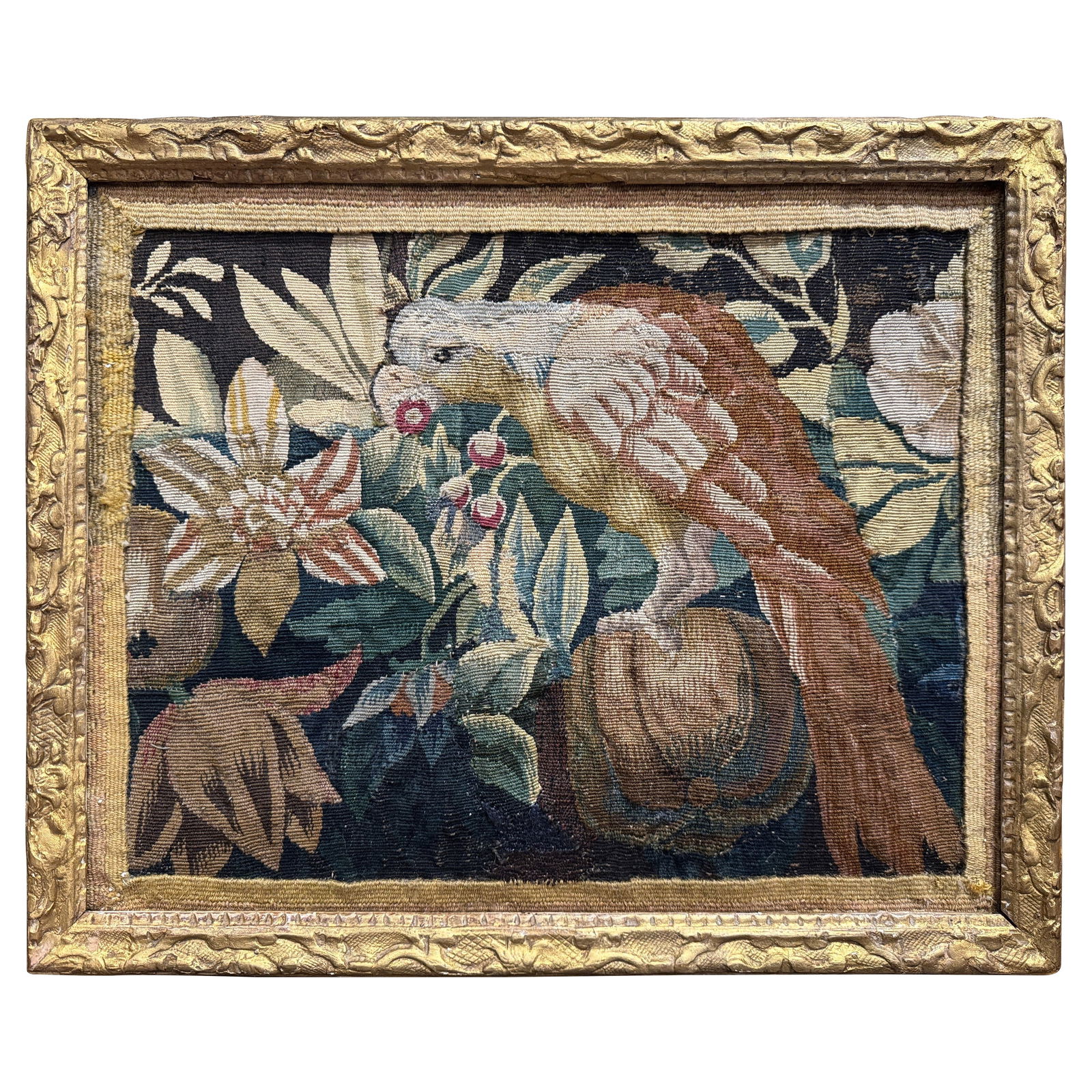 18th Century French Aubusson Tapestry Fragment in Gilt Frame: 18th Century French Aubusson Tapestry Fragment in Gilt Frame This exquisite mid-18th century French Aubusson tapestry fragment is a stunning piece of textile artistry, perfect for wall display. Hand-w